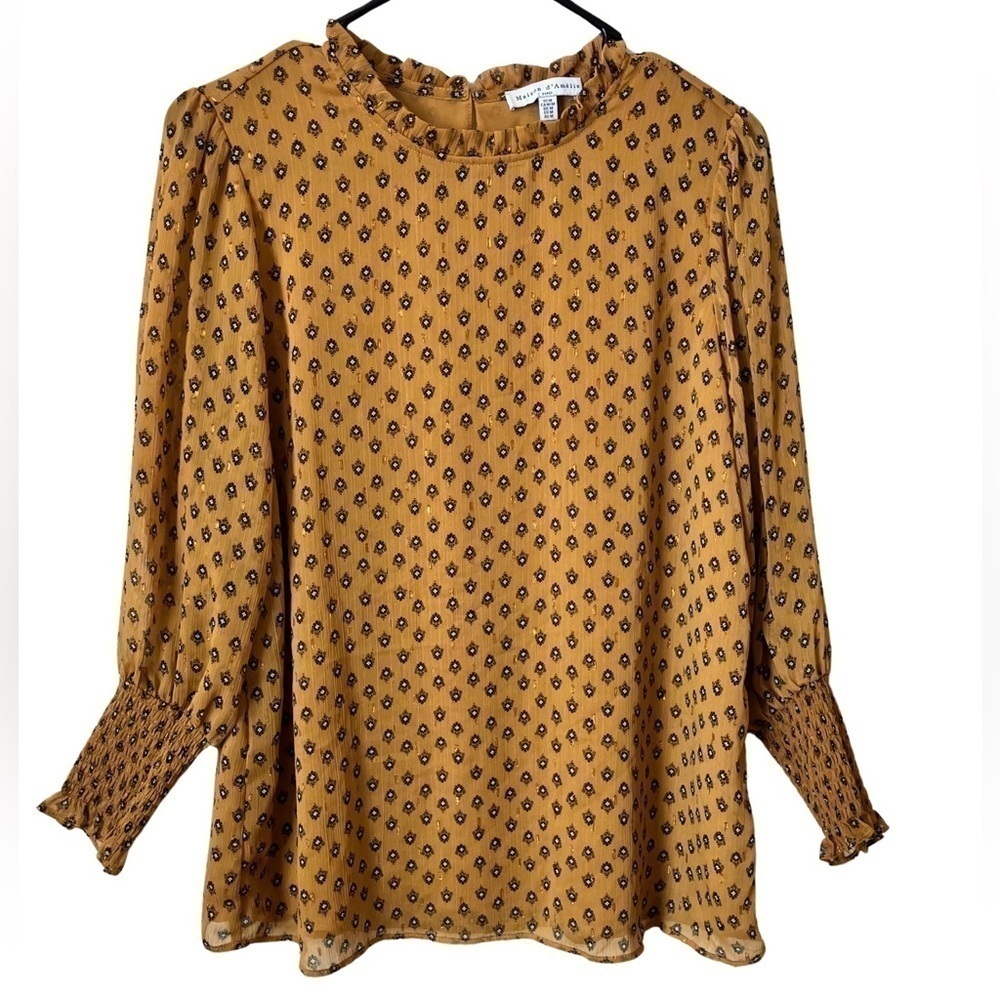 Anthropologie Maison D'Amelie Yellow Floral
Blouse Boho Ruched Sleeves